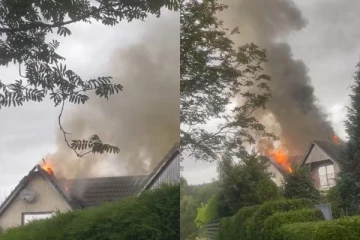 திடீரென தாக்கிய மின்னல்! பிரித்தானியாவில் பற்றி எரிந்த வீடு: பரபரப்பு புகைப்படங்கள்