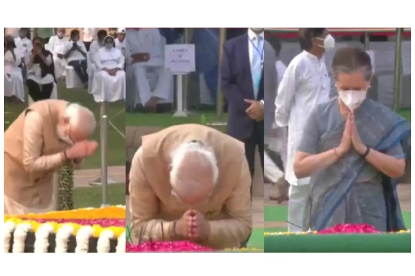 காந்தியின் 153ஆவது பிறந்தநாள் - பிரதமர் மோடி - சோனியாகாந்தி மலர் தூவி மரியாதை! | Gandhi Birthday Modi Soniya Gandhi Anjali