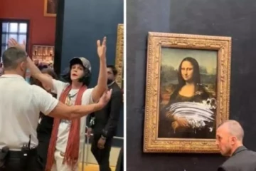 රෝද පුටුවකින් පැමිණි අයෙකුගෙන් මොනාලිසා සිතුවමට ප්‍රහාරයක් ..! (PHOTOS)