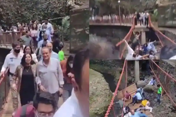 மகிழ்ச்சியாக பாலத்தில் நடந்துவந்த மக்கள்! நொடிப்பொழுதில் அரங்கேறிய அசம்பாவிதம் | Foot Bridge Comes Down Several People Viral
