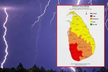 අද රාත්‍රී 11.30 දක්වා ප්‍රබල අකුණු අවදානමක් - පළාතකට සහ දිස්ත්‍රික්ක 3කට කාලගුණෙන් හදිසි අනතුරු ඇඟවීමක්