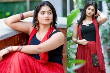 சிவப்பு-கருப்பு நிற உடையில் சீரியல் நடிகை மஹிமா வெளியிட்ட லேட்டஸ்ட் க்ளிக்ஸ்