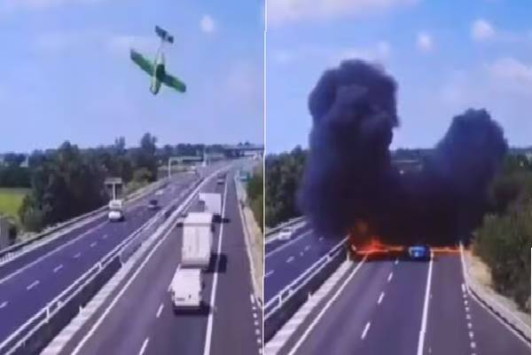 தலைகுப்புற விழுந்த விமானம் - பயங்கரமாக கிளம்பிய தீப்பிழம்பு! | Small Plane Crash Leaves Two Dead In Italy
