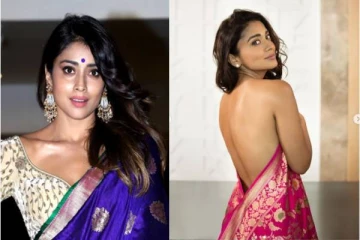 உள்ளாடை போடாமல் போஸ் - சேலை நழுவிடாமல் பிடித்த பிரபல நடிகை