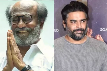 மாதவனுக்கு சால்வை போர்த்தி பாராட்டிய ரஜினிகாந்த்.. காலில் விழுந்த மாதவன், வீடியோ இதோ