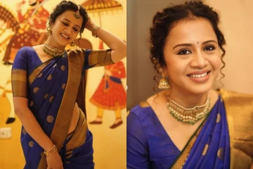 ஊதா பூ நிற புடவையின் அழகில் மயக்கும் தொகுப்பாளினி அஞ்சனா போட்டோ ஷுட்
