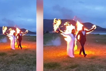 அனல் பறக்க தீ வைத்துக் கொண்டு திருமண வரவேற்பு நிகழ்வில் பங்கேற்ற காதல் ஜோடி