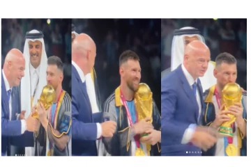 உலக கோப்பையை வாங்கியதும் நெஞ்சோடு அணைத்து குழந்தைபோல் முத்தம் கொடுத்த மெஸ்ஸி - வைரல் வீடியோ...!