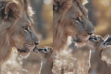 சிங்கத்துடன் கொஞ்சி விளையாடும் மான் குட்டிகள்! சித்தரிக்கப்பட்ட காட்சி