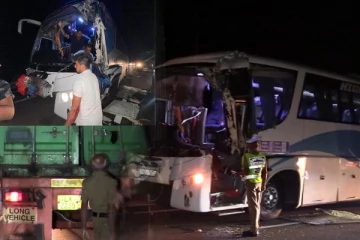 අධිවේගයේ මගී බස්රථයක් කන්ටේනරයක ගැටී බිහිසුණු අනතුරක්..15 ක තුවාල..04කට බරපතලයි(PHOTOS).