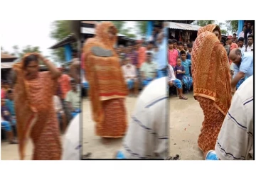 பெண்ணுக்கு செருப்பு மாலை அணிவித்து, குச்சியால் கொடூரமாக தாக்கிய கொடூரம் - வைரலாகும் அதிர்ச்சி வீடியோ...!