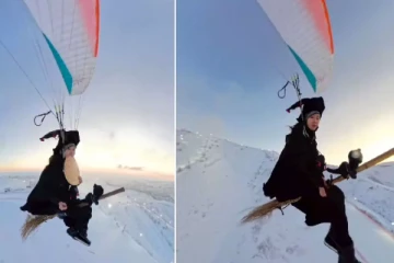 நடுவானில் சூனியக்காரிபோல துடைப்பத்துடன் பறந்து சென்ற இளம்பெண்! வைரல் வீடியோ