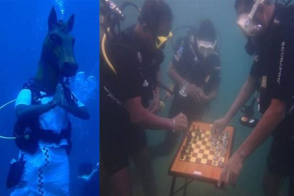 செஸ் ஒலிம்பியாட்; ஆழ் கடலில் தம்பி உடையணிந்து செஸ் விளையாடி அசத்திய வீரர்கள்; வைரல் வீடியோ | Chess Olympiad 2022 Playing Chess Under The Sea