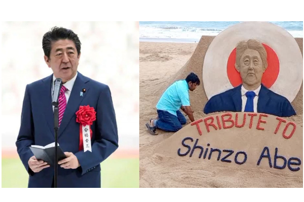 ஷின்சோ அபே மறைவு - மணற்சிற்பம் வடிவமைத்து அஞ்சலி செலுத்திய கலைஞர் - தமிழ்நாடு