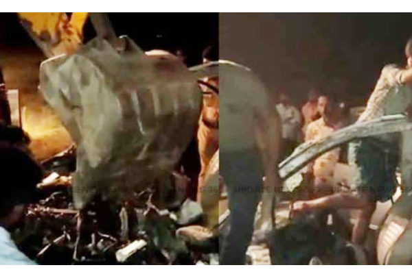 லாரி மோதி தூள் தூளாக நொறுங்கிய கார் : உடல்கள் நசுங்கி சம்பவ இடத்திலேயே 9 பேர் பலி - அதிர்ச்சி சம்பவம் - தமிழ்நாடு