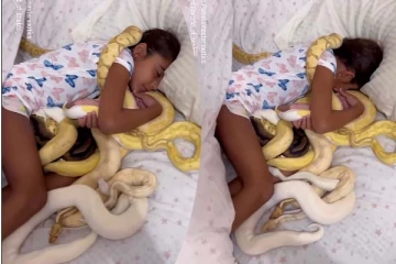 நெழியும் ராட்சத பாம்புகளுடன் படுத்துறங்கும் சிறுமி... நடுங்க வைக்கும் காட்சி