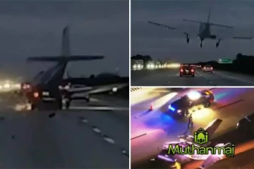 வீதியில் தரையிறங்கிய சிறிய ரக விமானம்: கார் மீது மோதி விபத்து