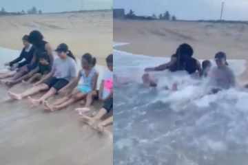 பதறி போன ரம்பா ! வேகமாக வந்த அலையால் ஏற்பட்ட பரிதாப நிலை...அலண்டு போன கணவர்