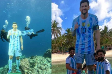 கால்பந்து வீரருக்கு ஆழ்கடலில் வைக்கப்பட்டுள்ள கட்-அவுட்: வைரலாகும் வீடியோ