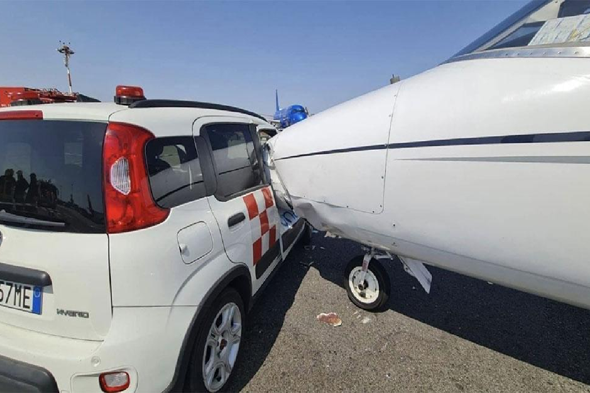 மிலன் விமான நிலையத்தில் வாகனம் மீது மோதிய ஜெட் விமானம்! | Private Jet Hit By Ground Vehicle In Milan Airport மிலன் விமான நிலையத்தில் வாகனம் மீது மோதிய ஜெட் விமானம்! | Private Jet Hit By Ground Vehicle In Milan Airport