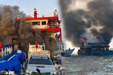 திடீரென தீப்பிடித்து எரிந்த கப்பல் : சுற்றுலா பயணிகளுக்கு நேர்ந்த அவலம்