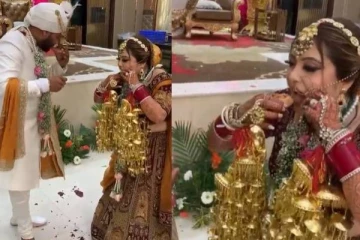 பானி பூரியை தம்கட்டி சாப்பிடும் மணப்பெண்....போட்டிப்போடும் மாப்பிள்ளை! வைரல் வீடியோ