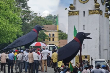 සාටකයක් පළඳාගත් විශාල තනි කපුටකු සමඟ කොළඹට ඇදී එන ජනතාව.. (VIDEO) (PHOTOS)