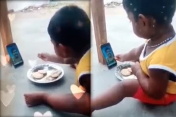 வெளிநாட்டில் இருக்கும் தந்தைக்கு உணவு ஊட்டும் குழந்தை! கலங்க வைக்கும் காட்சி