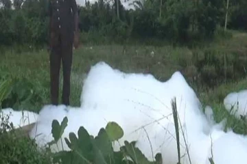 நீர் வடிந்தோடும் கால்வாயில் வெள்ளை நிற நுரை