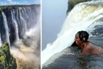 நீர்வீழ்ச்சியின் விளிம்பில் நின்ற பெண்! பதறவைக்கும் காட்சி