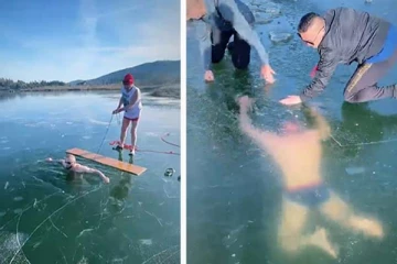 உறைந்த ஏரியில் நீச்சல் சாகசம்! வழிதப்பி போன நபரின் பதறவைத்த காட்சி