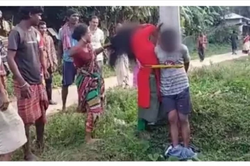 20 வயது பெண்ணுடன் கணவன் உல்லாசம் - இருவரையும் கம்பத்தில் கட்டி சரமாரியாக தாக்கிய பொதுமக்கள்!