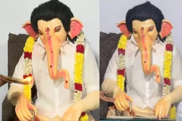 முதலமைச்சர் நாற்காலியில் அமர்ந்து விஜய் கையெழுத்து போடுவது போல விநாயகர் சிலை