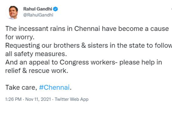டேக் கேர் சென்னை; காங்கிரஸ் தொண்டர்களே உங்களுக்கு ஒரு வேண்டுகோள்" - ராகுல் காந்தி | Rahulgandhi Chenni Rain Tamilnadu Congress