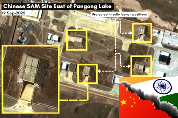 China missile base Pangong, HQ-9 missile shelters Tibet, China India border tensions, Pangong Lake defence site, China air defence HQ-9, Satellite images China missiles, Gar County missile launchers, Nyoma airfield China threat, China retractable missile shelters, India China military standoff