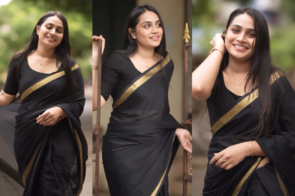 கருப்பு நிற சேலையில் விதவிதமாக போஸ் கொடுத்த சீரியல் நடிகை சல்மா அருண்.. வீடியோ இதோ | Serial Actress Salma Arun Black Saree Video