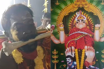 மனித எலும்புகளை கடித்து சாமி ஆடிய பூசாரி-மாசாணி அம்மன் மயானக்கொள்ளை விழா
