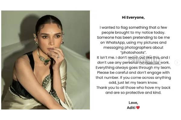 நடிகையின் பெயரில் வாட்சப்பில் மோசடி.. எச்சரித்த அதிதி ராவ்! என்ன? | Aditi Open Post About Scam Details நடிகையின் பெயரில் வாட்சப்பில் மோசடி.. எச்சரித்த அதிதி ராவ்! என்ன? | Aditi Open Post About Scam Details