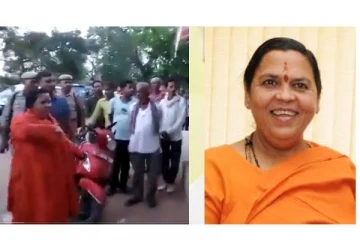 பூரண மதுவிலக்கு அமல்படுத்த கோரி மதுபானக்கடை மீது மாட்டுச்சாணம் வீசிய உமா பாரதி - வைரல் வீடியோ