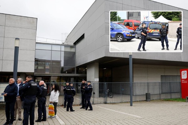 French acting Minister of Education, Higher Education Elisabeth Borne speaks to journalists in front of high school Robert Schuman in Benfeld,