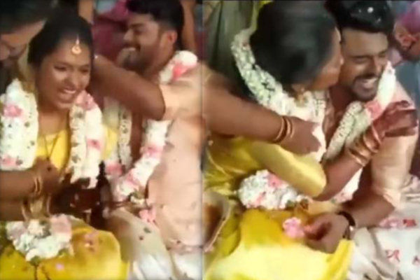 கழுத்தில் ஏறிய தாலி! துள்ளிக் குதித்து மணப்பெண் மாப்பிள்ளைக்கு கொடுத்த ஷாக் | Bride Marriage Happy Groom Kissing Viral Video