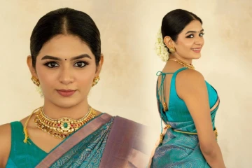 ஸ்லீவ் லெஸ் புடவை.. கிளாமர் லுக்கில் அசத்தும் நடிகை அதிதி ஷங்கர்..