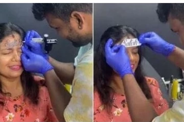 அடேங்கப்பா.! பாசத்தால் கணவன் பெயரை நெற்றியில் பச்சைக் குத்திக் கொண்ட பெண்