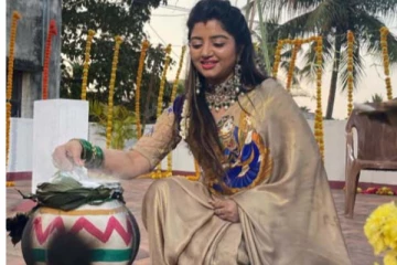 சேலையில் வசீகரிக்கும் அழகுடன்... ரவீந்தர் மகாலட்சுமியின் தலை பொங்கல் புகைப்படங்கள்