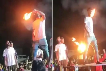 நெருப்பில் சாகசம் செய்த இளைஞர்! தாடி தீப்பற்றி எரிந்த சோகம்