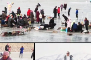 உறைந்து போன ஏரியில் உற்சாகமாக விளையாடும் சுற்றுலாப் பயணிகள்!