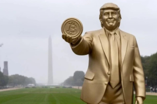 அமெரிக்காவில் நிறுவப்பட்ட ட்ரம்பின் 12 அடி உயர தங்க நிற சிலை! | Trump Statue Holding Bitcoin Appears In Us Capitol