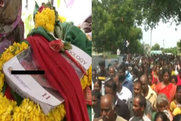 Zoology புத்தகத்தோடு இறுதி ஊர்வலம் செல்லும் மாணவி ஸ்ரீமதி உடல்..! - தமிழ்நாடு