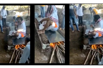 நெருப்பில் எரிந்த சூடான கருங்கல்லில் அமர்ந்த நபர்.... வைரலாகும் வீடியோ