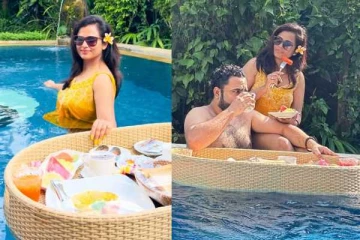 நீச்சல் குளத்தில் கணவருடன் ஹாயாக போஸ்!! நடிகை ரம்யா பாண்டியனின் கிளாமர் கிளிக்ஸ்..